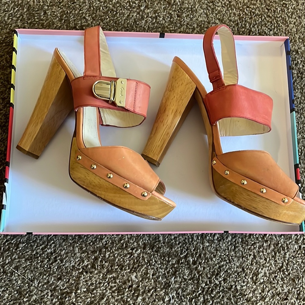 Coach leather/wood high heel sandals- womens 10